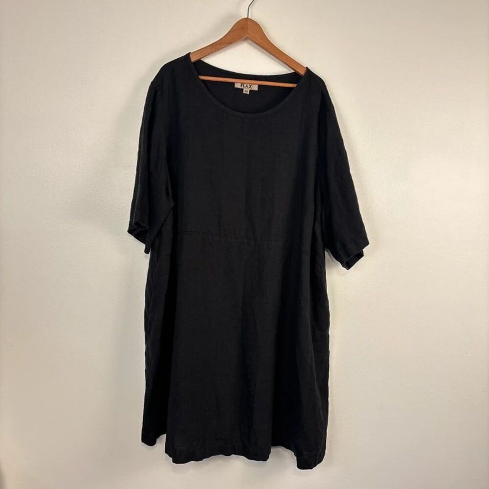 FLAX Jeanne Engelhart Black Linen Dress Womens 2G Plus Simple Dress Short Sleeve